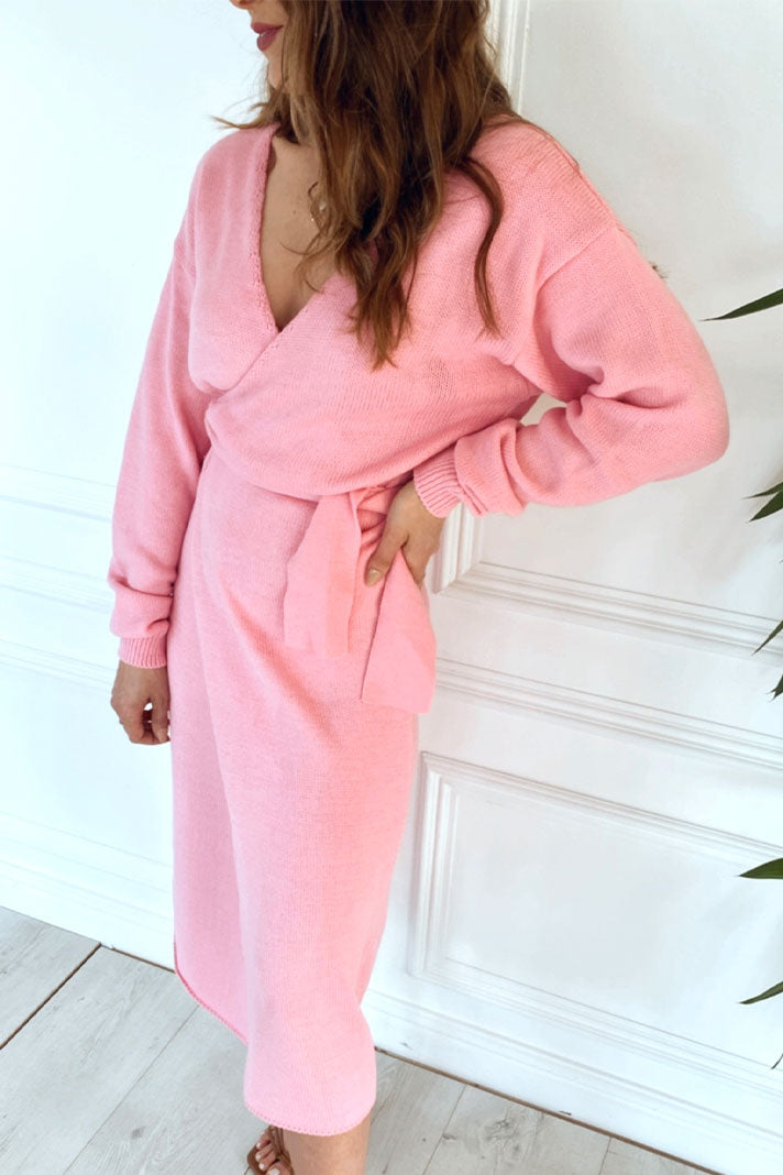 Candy Pink Tie Waist Knitted Midi Dress