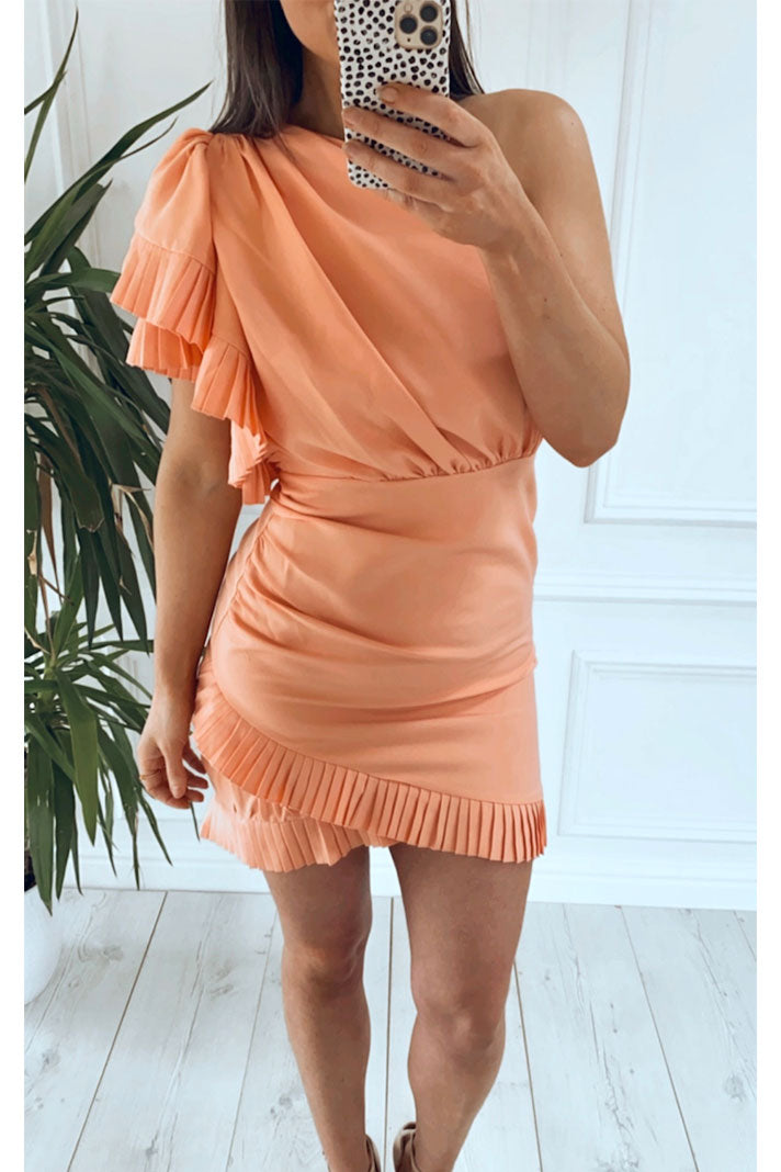 EMMY ONE SHOULDER PUFF SLEEVE CORAL DRESS - Frank and Doll